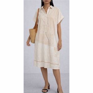FM2050 • Cream/Tan Abstract Printed Knee-Length Short Sleeve Shirt Dress, M